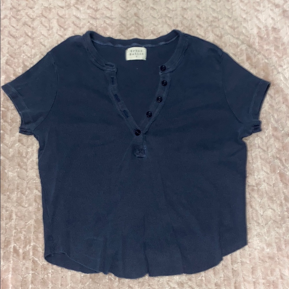 Navy Button-Up Short Sleeve Top